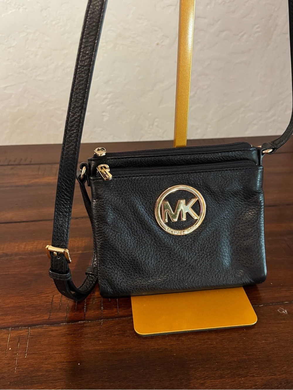 Michael Kors Fulton Black Pebbled Leather Crossbody with Gold MK Emblem